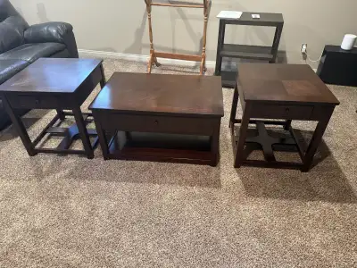 Dark stained lift top/storage wood coffee table set, View more