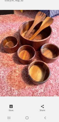 Lot wooden bowls and utensils $10.00 in good condition.