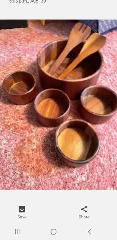 Lot wooden bowls and utensils $10.00 in good condition., View more