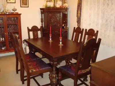 Solid Oak Dining Room Table and 6 chairs, View more