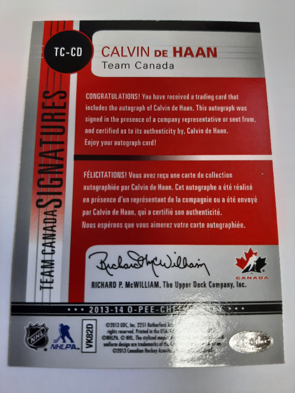 Calvin de Haan 2013-14 O-Pee-Chee Team Canada Signatures #TC-CD in Arts & Collectibles in Oakville / Halton Region - Image 2