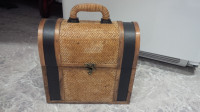 Vintage Wicker, wood, leather lunch box purse/tote