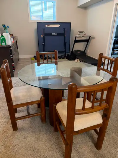 Rustic dining set with round glass tabletop, View more