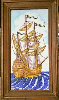 RARE Framed Antique Hand Painted Spanish Galleon Ceramic Tile