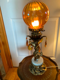 Vtg Hollywood Regency Style Brass/Marble Cherub Lamp Optic Globe