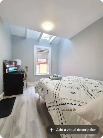 The private bedroom with queen size bed has a large window with sky roof. Shared kitchen, dining and...