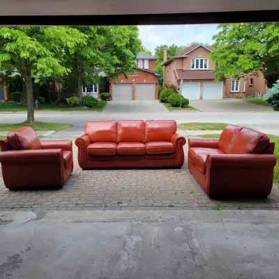 Like new high end full premium real leather couches, can deliver, View more