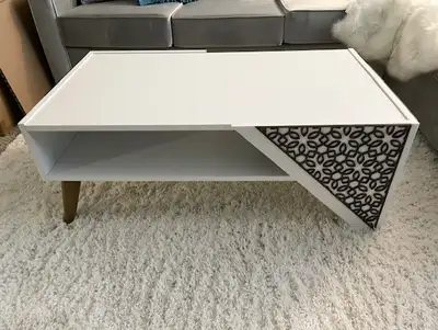 Unique sturdy white coffee table, with intricate walnut wood detail and storage. 105 cm W x 58 cm H...