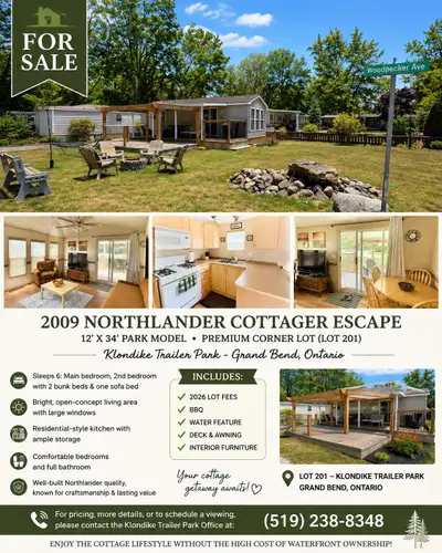 FOR SALE – 2009 Northlander Cottager Escape 12’ x 34’ Park Model Located at Klondike Trailer Park Es...