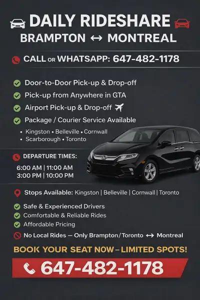 Montreal to Toronto Brampton Daily Rides door to door Rideshare, View more