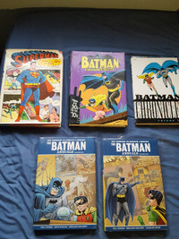 Hardcover Batman and Superman books & box full of comics