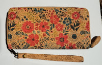 Natural cork with flower pattern zipper women wallet
