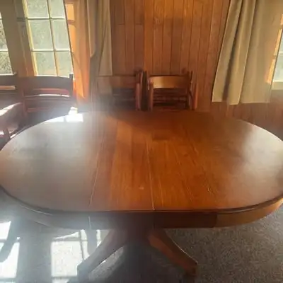 Vintage Oak Pedestal Dining Table and Chairs Set, View more