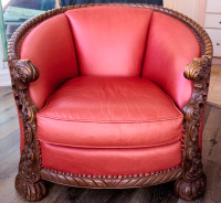 ANTIQUE CARVED BARREL CLUB CHAIR NEWLY UPHOLSTERED
