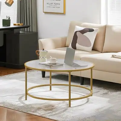 36" Round Glass Coffee Table, Gold Modern Sofa Table w/Metal , View more