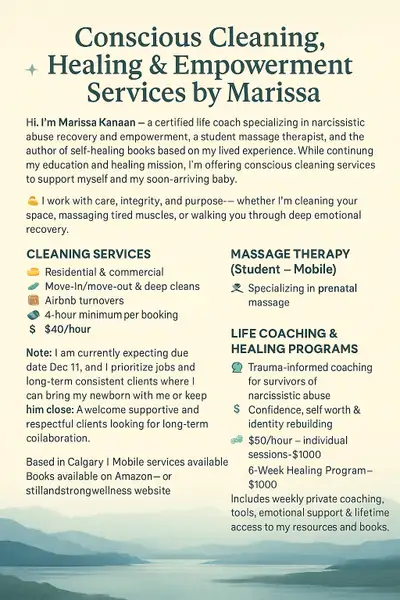 ✨ Conscious Cleaning, Massage & Coaching Services – Calgary, Airdrie, Cochrane ✨ Offered by: Marissa...