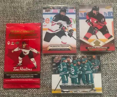 3 Macklin Celebrini Tim Horton Cards plus a Pack. $14, View more