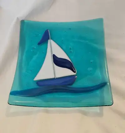 Blue and White Nautical Boat Glass Decorative Plate, View more