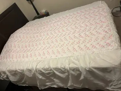 Vintage 1970s white twin bedspread with pink embroidery, View more