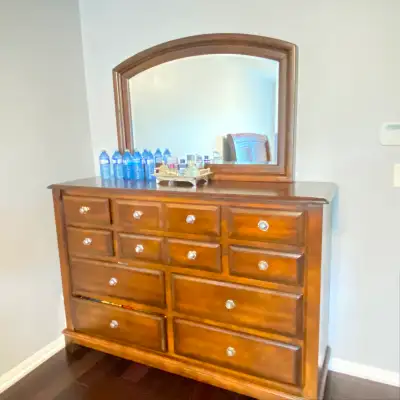 King size bed with mattress and side tables and dressing mirror, View more