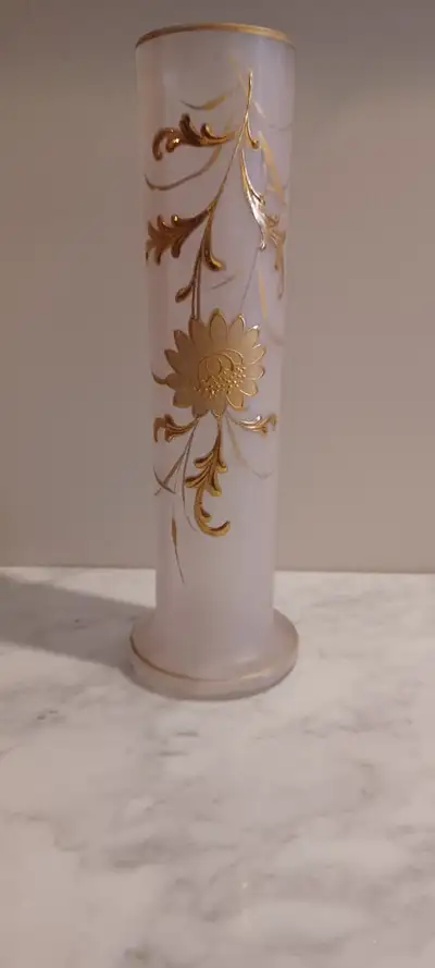 Rare Find Tall Satin Finish Glass Vase w/Gold Flower Decor 11"H, View more