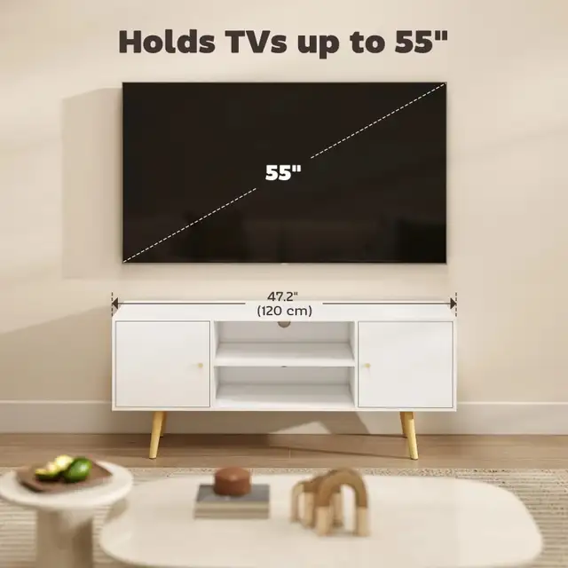 White TV Stand with 2 doors TV Cabinet for TVs up to 55" in Bookcases & Shelving Units in Markham / York Region - Image 8
