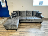 Brand New 2 Pc Reversible Sectional Velvet Sofa - Grey In Sale