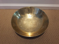 LARGE ANTIQUE CHINESE BRASS BOWL ENGRAVED SYMBOLS CARVED