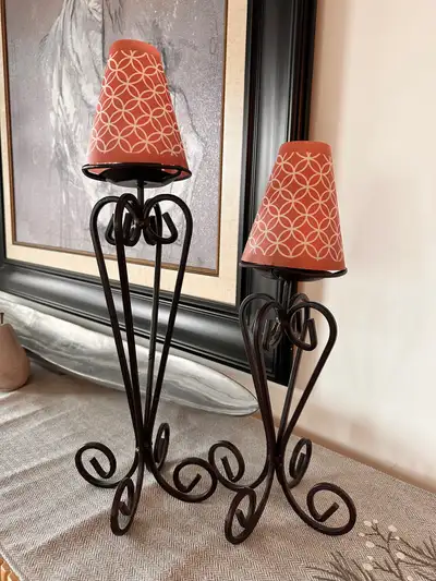Wrought iron candle holders, with shades, View more
