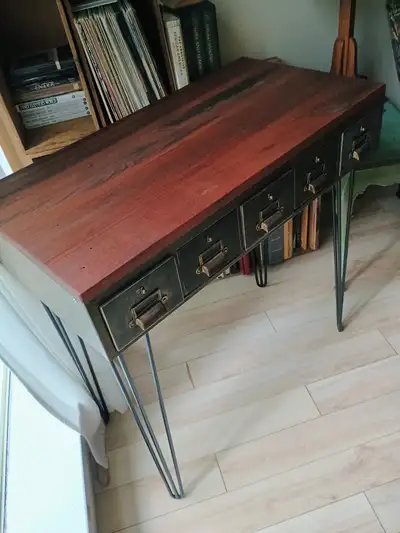 Cherry wood vintage console table with hairpin legs, View more