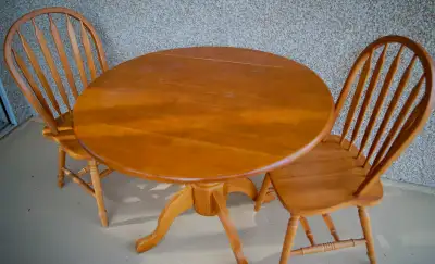 Round pedestal drop leaf dining table & 2 chairs, View more