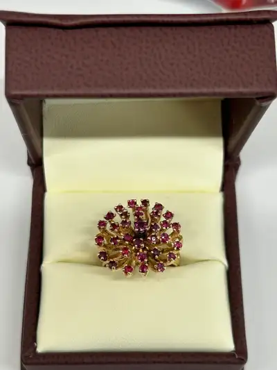 14k  Vintage Mid-Century Ruby cluster Starburst Cocktail Ring, View more