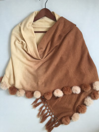 Women Knit Wrap Shawl Scarf w/ Fur Pom Pom Camel beige colour