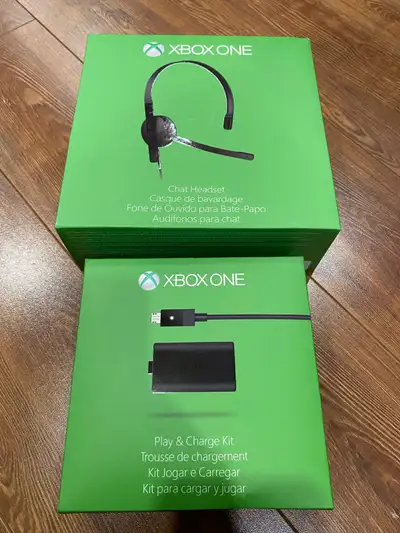 Brand new in box: XBOX ONE chat headset and play & charge (Microsoft genuine for both). Bought years...