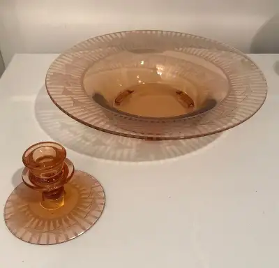 FOSTORIA GLASS - bol et chandelier gravés ambre - dépression
