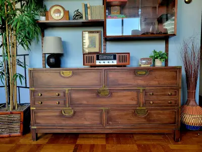 Vintage Campaign Style 9 Drawer Lowboy Dresser, View more