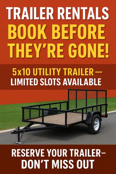 Need to move, haul, or clean up? Rent our sturdy 5x10 utility trailer for a day, weekend, or week! P...