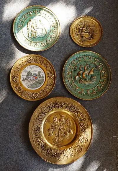 Made in England during the 1950s. Small plate, 8" in diameter. The two green-tinted ones, 12". Ceram...