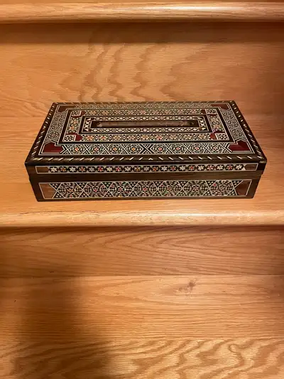 Hand made wood & mother of pearl decorative tissue box, View more