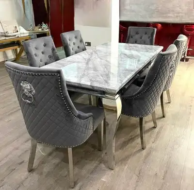 Table à Dîner Rectangulaire en Marbre avec Chaises Lion Gris, View more