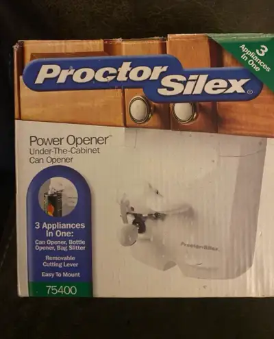 I'm offering a Proctor Silex Power Opener, an under-the-cabinet can opener that is three appliances...