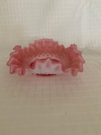Fenton Pink Hobnail Opalescent Ruffled Bowl