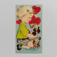Boy & Puppy Vintage Unused Bleed Through Red Valentine Card