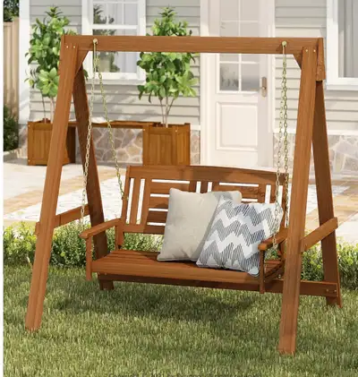 Furinno TIOMAN Porch Swing, Outdoor Hanging Wooden Swing with St, View more