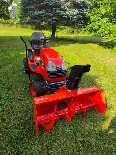 Kubota with snow blower and mowing deck, View more