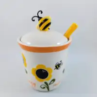 Honey Pot Jar Bee Joie Ceramic Dipper Sunflowers White Yellow F