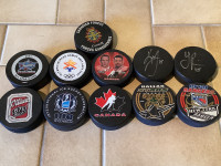 11 Collectable Hockey Pucks - Six Autographed Pucks