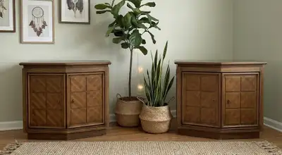 MCM Pair of Vintage Walnut Geometric Nightstands/side tables, View more