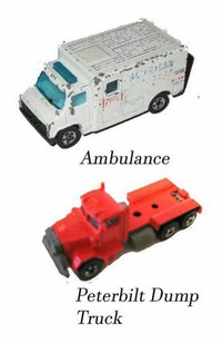 Hot Wheels 1989 Workhorses Ambulance, Peterbilt Dump Truck