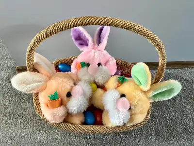 Offering for sale an already-assembled Easter Bunny Basket containing bunnies and plastic egg contai...